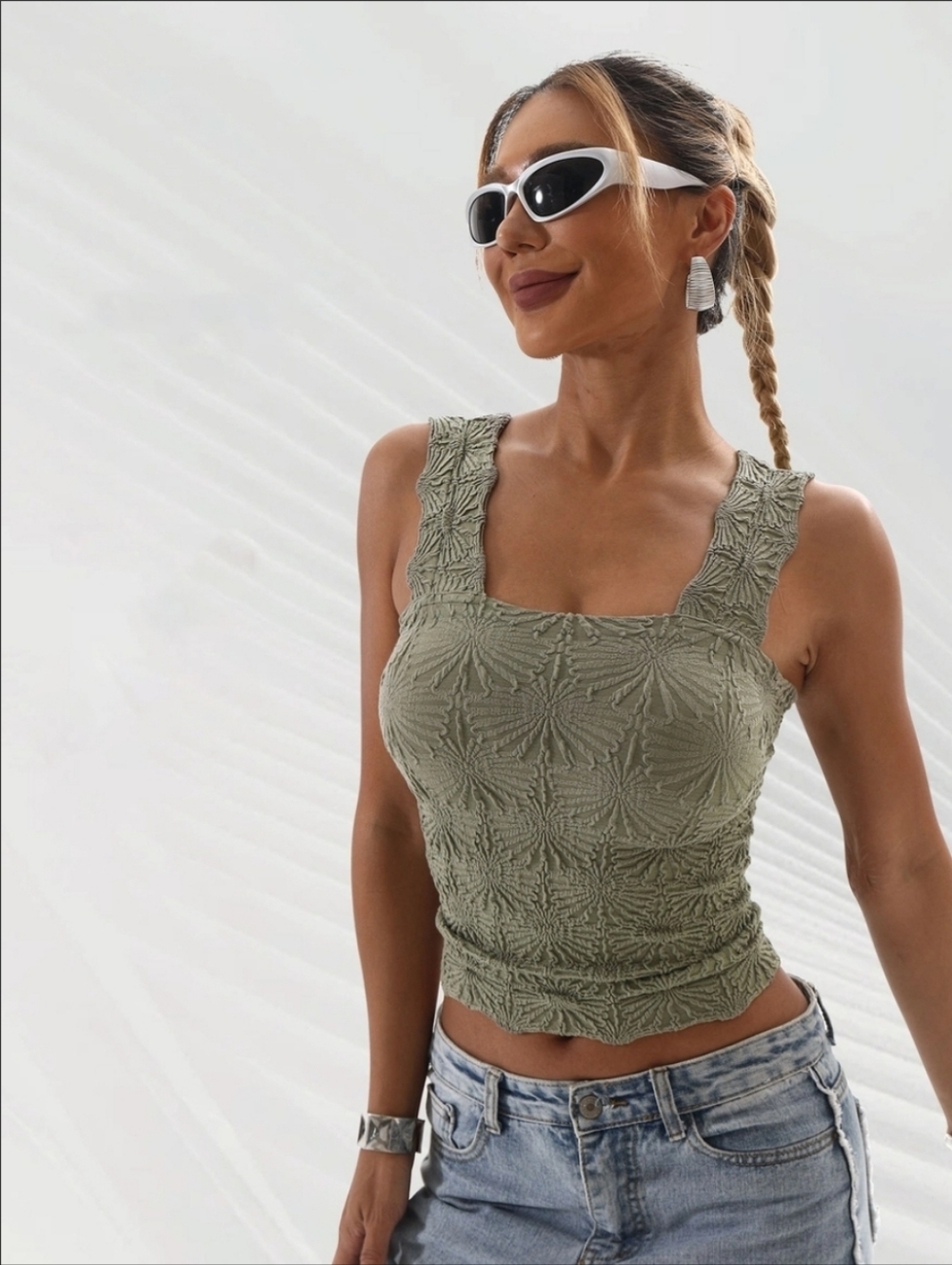 Olive Square-Neck Textured Tank Top